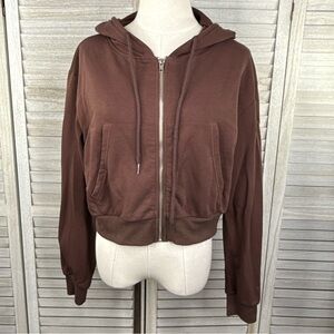 Women's Brown Cropped Zip Up Hoodie-XL